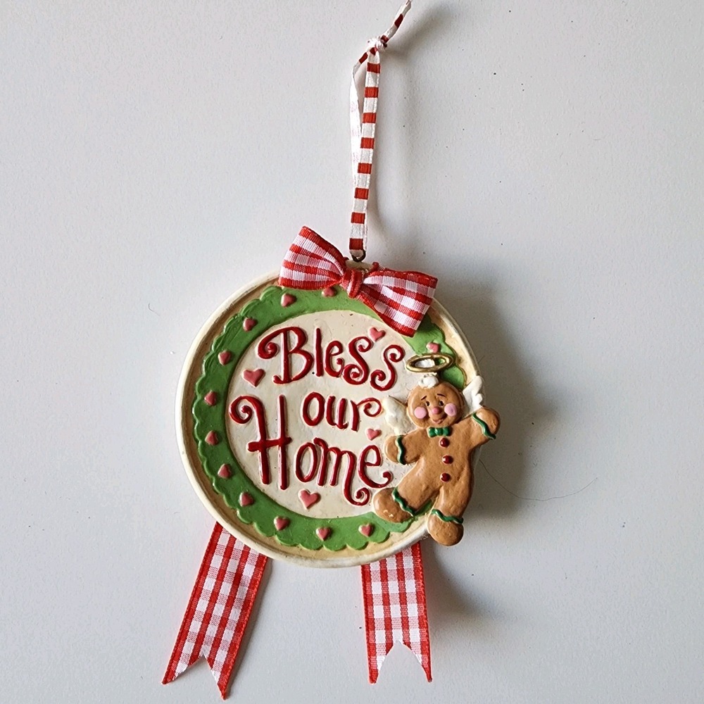 Vintage Bless Our Home‎ Christmas Ornament Gingham Gingerbread Angel Baking 90s